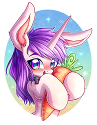 Size: 1000x1289 | Tagged: safe, artist:chaosangeldesu, imported from derpibooru, oc, oc only, oc:lapush buns, pony, unicorn, blushing, bunny ears, bunnycorn, bust, carrot, cute, food, simple background, smiling, solo