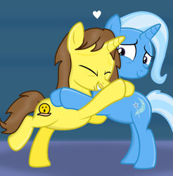 Size: 1267x1285 | Tagged: safe, artist:grapefruitface1, imported from derpibooru, trixie, oc, oc:grapefruit face, pony, unicorn, canon x oc, female, grapefruitface x trixie, grapexie, heart, hug, male, self insert, shipping, show accurate, straight