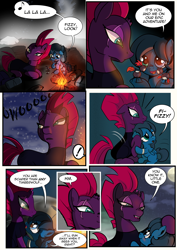 Size: 2480x3508 | Tagged: safe, artist:dsana, imported from derpibooru, fizzlepop berrytwist, tempest shadow, oc, oc:lullaby dusk, pegasus, pony, unicorn, comic:a storm's lullaby, campfire, comic, heterochromia