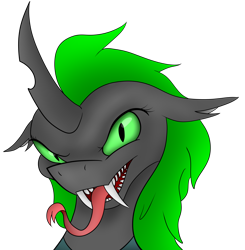 Size: 3992x4068 | Tagged: safe, artist:atomfliege, imported from derpibooru, oc, oc only, oc:roodaka, changeling, bust, changeling oc, female, green changeling, green eyes, looking at you, simple background, solo, teeth, tongue out