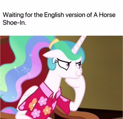 Size: 2048x1988 | Tagged: safe, edit, edited screencap, imported from derpibooru, screencap, princess celestia, pony, a horse shoe-in, between dark and dawn, alternate hairstyle, clothes, exploitable meme, female, hawaiian shirt, meme, ponytail, shirt, solo