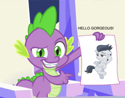 Size: 641x504 | Tagged: safe, artist:sollace, deleted from derpibooru, edit, edited screencap, editor:undeadponysoldier, hundreds of users filter this tag, imported from derpibooru, screencap, rumble, spike, dragon, pegasus, pony, the crystalling, bedroom eyes, caption, colt, compliment, draw me like one of your french girls, gay, image macro, male, paper, pointing, rumblespike, shipping, smiling, stupid sexy rumble, text