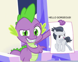 Size: 638x503 | Tagged: safe, artist:frownfactory, deleted from derpibooru, edit, edited screencap, editor:undeadponysoldier, hundreds of users filter this tag, imported from derpibooru, screencap, rumble, spike, dragon, pegasus, pony, the crystalling, bedroom eyes, caption, colt, compliment, gay, image macro, male, paper, pointing, rumblespike, shipping, smiling, stupid sexy rumble, text