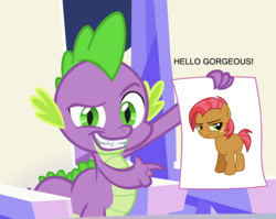 Size: 631x502 | Tagged: safe, artist:kooner-cz, artist:willdrawforfood1, deleted from derpibooru, edit, edited screencap, editor:undeadponysoldier, hundreds of users filter this tag, imported from derpibooru, screencap, babs seed, spike, dragon, earth pony, pony, the crystalling, adorasexy, babspike, bedroom eyes, caption, castle, cute, female, filly, freckles, image macro, looking at you, male, paper, pointing, sexy, shipping, smiling, smirk, straight, stupid sexy babs seed, text