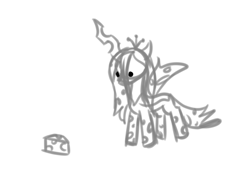 Size: 1600x1200 | Tagged: safe, artist:hopefulsparks, imported from derpibooru, queen chrysalis, changeling, changeling queen, pony, cheese, cheeselegs, chibi, cute, cutealis, doodle, female, food, meme, monochrome, simple background, sketch, solo