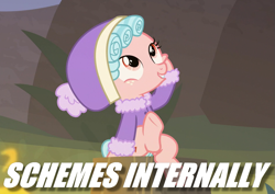 Size: 955x675 | Tagged: safe, edit, edited screencap, imported from derpibooru, screencap, cozy glow, pegasus, pony, frenemies (episode), animation error, caption, clothes, female, filly, image macro, meme, pun, text, x internally