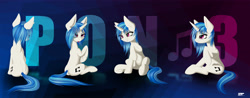 Size: 4200x1650 | Tagged: safe, artist:styroponyworks, imported from derpibooru, dj pon-3, vinyl scratch, pony, unicorn, female, frog (hoof), mare, missing accessory, sitting, solo, text, tongue out, underhoof