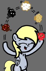 Size: 584x898 | Tagged: safe, artist:sebtheartist, deleted from derpibooru, imported from derpibooru, derpy hooves, pegasus, pony, chest fluff, cute, derpabetes, eyes closed, female, folded wings, food, happy, juggling, muffin, open mouth, simple background, smiling, wings