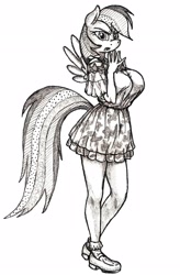 Size: 2976x4528 | Tagged: safe, artist:horselover fat, imported from derpibooru, rainbow dash, anthro, adorasexy, angry, big breasts, breasts, busty rainbow dash, clothes, cute, female, looking at you, monochrome, sexy, shoes, skirt, socks, solo, tail, wings