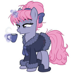 Size: 3200x3200 | Tagged: safe, alternate version, artist:cheezedoodle96, imported from derpibooru, oc, oc only, oc:velvet, pony, unicorn, .svg available, bathrobe, blowing, clothes, cup, female, glowing horn, horn, levitation, magic, mare, messy mane, robe, see-through, sheer lingerie, simple background, slippers, solo, steam, svg, teacup, telekinesis, transparent background, vector