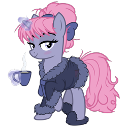 Size: 3200x3200 | Tagged: safe, artist:cheezedoodle96, imported from derpibooru, oc, oc only, oc:velvet, pony, unicorn, .svg available, bathrobe, blushing, clothes, cup, female, glowing horn, horn, levitation, looking at you, magic, mare, messy mane, raised hoof, robe, see-through, sheer lingerie, simple background, slippers, solo, svg, teacup, telekinesis, transparent background, vector