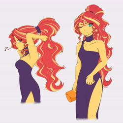 Size: 6070x6070 | Tagged: safe, artist:deeemperor, artist:dragonemperror2810, imported from derpibooru, sunset shimmer, equestria girls, absurd resolution, adorasexy, alternate hairstyle, arm behind head, armpits, beautiful, beautisexy, breasts, choker, cleavage, clothes, cute, dress, evening dress, evening gown, eye clipping through hair, eyebrows, eyebrows visible through hair, female, hair over one eye, hair tie, handbag, legs, looking at you, music notes, one eye closed, ponytail, purple dress, purse, sexy, shimmerbetes, side slit, smiling, solo, stupid sexy sunset shimmer, thighs, total sideslit, wink, winking at you