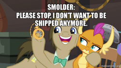 Size: 788x440 | Tagged: safe, edit, edited screencap, imported from derpibooru, screencap, doctor whooves, smolder, time turner, dragon, earth pony, pony, a horse shoe-in, impact font, meme, text