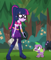 Size: 476x553 | Tagged: safe, imported from derpibooru, screencap, sci-twi, spike, spike the regular dog, twilight sparkle, dog, equestria girls, equestria girls series, the road less scheduled, spoiler:choose your own ending (season 2), spoiler:eqg series (season 2), boots, cellphone, clothes, cropped, glasses, pantyhose, paws, phone, ponytail, shoes, skirt, smartphone, smiling, spike's dog collar