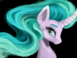 Size: 1024x768 | Tagged: safe, artist:livitoza, imported from derpibooru, mistmane, pony, unicorn, black background, bust, female, looking at you, mare, portrait, simple background, solo