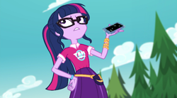 Size: 720x397 | Tagged: safe, imported from derpibooru, screencap, sci-twi, twilight sparkle, equestria girls, equestria girls series, the road less scheduled, spoiler:choose your own ending (season 2), spoiler:eqg series (season 2), cellphone, clothes, female, glasses, phone, ponytail, skirt, sky, smartphone