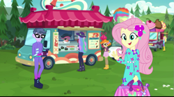 Size: 719x404 | Tagged: safe, imported from derpibooru, screencap, carrot bun, fluttershy, microchips, princess celestia, scribble dee, equestria girls, equestria girls series, the road less scheduled, spoiler:choose your own ending (season 2), spoiler:eqg series (season 2), clothes, female, food, geode of fauna, magical geodes, male, mc dex fx, principal celestia, sushi, truck