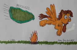 Size: 1710x1109 | Tagged: safe, artist:rapidsnap, imported from derpibooru, oc, oc only, oc:jamjar, insect, pony, atg 2019, campfire, newbie artist training grounds, swarm, traditional art