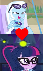 Size: 410x679 | Tagged: safe, edit, edited screencap, imported from derpibooru, screencap, sci-twi, trixie, twilight sparkle, equestria girls, equestria girls series, forgotten friendship, star crossed, beach chair, chair, clothes, female, geode of telekinesis, glasses, heart, lesbian, magical geodes, sci-twixie, shipping, shipping domino, sunglasses, sunglasses on head, swimsuit, twixie