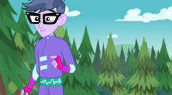 Size: 720x401 | Tagged: safe, imported from derpibooru, screencap, microchips, equestria girls, equestria girls series, the road less scheduled, the road less scheduled: microchips, spoiler:choose your own ending (season 2), spoiler:eqg series (season 2), clothes, fingerless gloves, forest, glasses, gloves, mc dex fx, smiling