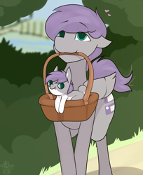 Size: 2448x3000 | Tagged: safe, artist:biepbot, imported from derpibooru, oc, oc only, oc:luca, oc:luca bunny, earth pony, pegasus, pony, rabbit, animal, basket, bush, cute, heart, male, outdoors, path, pony in a basket, stallion