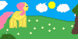 Size: 2000x1000 | Tagged: safe, artist:joeydr, imported from derpibooru, fluttershy, pegasus, pony, bush, cloud, female, flower, mare, newbie artist training grounds, outdoors, pixel art, sun, tree