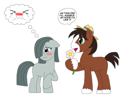 Size: 1750x1335 | Tagged: safe, imported from derpibooru, marble pie, trouble shoes, earth pony, pony, collar, crack shipping, dialogue, embarrassed, female, filly, flower, hat, look away, male, marbleshoes, shipping, simple background, speech bubble, straight, thought bubble, transparent background, unshorn fetlocks