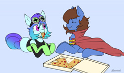 Size: 4804x2846 | Tagged: safe, artist:neoncel, imported from derpibooru, oc, oc only, oc:bizarre song, oc:raven mcchippy, earth pony, pony, cape, clothes, duo, food, goggles, lying down, meat, pepperoni, pepperoni pizza, pizza, prone