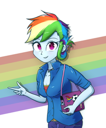 Size: 1666x2000 | Tagged: safe, artist:yinglongfujun, artist:yinglung, imported from derpibooru, rainbow dash, equestria girls, alternate hairstyle, female, handbag, looking at you, mother, older, pointing, rainbow mom, short hair rainbow dash, soccer mom, solo