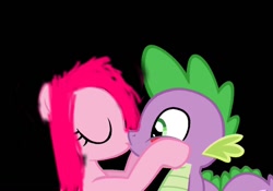 Size: 900x630 | Tagged: safe, artist:ultrapfunk, imported from derpibooru, pinkamena diane pie, pinkie pie, spike, dragon, earth pony, pony, 1000 hours in ms paint, black background, blushing, eyes closed, female, interspecies, male, mare, pinkamenaspike, pinkiespike, shipping, simple background, straight
