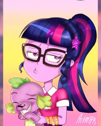 Size: 716x896 | Tagged: safe, artist:artmlpk, imported from derpibooru, sci-twi, spike, spike the regular dog, twilight sparkle, dog, equestria girls, equestria girls series, the road less scheduled, the road less scheduled: microchips, spoiler:choose your own ending (season 2), spoiler:eqg series (season 2), adorkable, bracelet, cute, dork, duckface, duo, face, female, funny, geode of telekinesis, glasses, jewelry, magical geodes, male, meganekko, ponytail, smiling, spikabetes, twiabetes