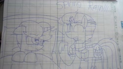Size: 5312x2992 | Tagged: safe, artist:徐詩珮, imported from derpibooru, fizzlepop berrytwist, spring rain, tempest shadow, pony, unicorn, armor, broken horn, dialogue, female, graph paper, horn, lesbian, lineart, lined paper, mare, shipping, spring rain is not amused, springshadow, traditional art, unamused