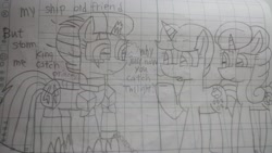 Size: 5312x2992 | Tagged: safe, artist:徐詩珮, imported from derpibooru, fizzlepop berrytwist, glitter drops, spring rain, tempest shadow, unicorn, my little pony: the movie, angry, armor, bisexual, broken horn, crying, dialogue, female, glitter drops is not amused, glittershadow, horn, lesbian, lineart, magic, mare, polyamory, shipping, spring rain is not amused, springdrops, springshadow, springshadowdrops, traditional art, unamused
