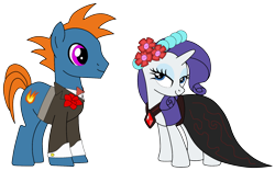 Size: 1280x799 | Tagged: safe, artist:didgereethebrony, imported from derpibooru, rarity, oc, oc:firestorm, earth pony, pony, unicorn, black dress, bowtie, canon x oc, clothes, cutie mark, dress, female, flower, flower in hair, gem, male, ruby, straight, suit