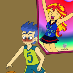 Size: 1024x1027 | Tagged: safe, artist:resotii, artist:stella-exquisa, imported from derpibooru, flash sentry, sunset shimmer, equestria girls, armpits, blushing, cheerleader, female, flashimmer, male, shipping, straight