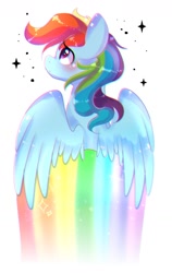 Size: 800x1269 | Tagged: safe, artist:dddreamdraw, imported from derpibooru, rainbow dash, pegasus, pony, chromatic aberration, female, looking up, rainbow trail, simple background, solo, spread wings, stars, white background, wings
