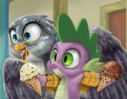 Size: 2500x1950 | Tagged: safe, artist:tijopi, imported from derpibooru, gabby, spike, dragon, griffon, dragon dropped, armpits, cute, duo, excited, female, food, gabbybetes, holding a dragon, ice cream, ice cream cone, male, quadrupedal, that was fast, winged spike, wings