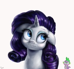 Size: 1700x1600 | Tagged: safe, artist:tijopi, imported from derpibooru, rarity, spike, blushing, duo, floppy ears, implied shipping, implied sparity, implied straight, signature, simple background, smiling, white background