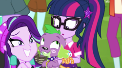 Size: 720x401 | Tagged: safe, artist:thebarsection, deleted from derpibooru, edit, edited screencap, hundreds of users filter this tag, imported from derpibooru, screencap, duke suave, fry lilac, peppermint azure, sci-twi, spike, spike the regular dog, starlight glimmer, twilight sparkle, dog, equestria girls, equestria girls series, the road less scheduled, the road less scheduled: microchips, spoiler:eqg series (season 2), cheek kiss, clothes, female, geode of telekinesis, kiss mark, kiss on the cheek, kissing, lipstick, magical geodes, male, shipping, shorts, smiling, sparlight, straight
