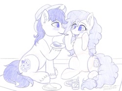 Size: 1024x768 | Tagged: safe, artist:novaintellus, imported from derpibooru, bright mac, pear butter, earth pony, pony, atg 2019, blushing, brightbutter, duo, female, food, male, mare, monochrome, mouth hold, newbie artist training grounds, picnic, pie, sharing, shipping, signature, sketch, stallion, straight