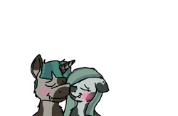 Size: 1200x780 | Tagged: safe, artist:redstreakboy, imported from derpibooru, marble pie, stygian, earth pony, pony, blushing, coat markings, eyes closed, floppy ears, nuzzling, piebald coat, piebald colouring, ship:marbian, shipping, simple background, smiling, white background