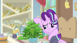 Size: 1920x1080 | Tagged: safe, imported from derpibooru, screencap, phyllis, starlight glimmer, pony, unicorn, a horse shoe-in, affection, female, hoof on cheek, inkwell, mare, motherly, petting, philodendron, plant, potted plant, puckered lips, quill, raised hoof, scroll, solo, starlight glimmer is best facemaker, starlight's office, talking to objects