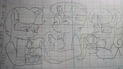Size: 5312x2992 | Tagged: safe, artist:徐詩珮, imported from derpibooru, fizzlepop berrytwist, glitter drops, spring rain, tempest shadow, oc, oc:betty pop, oc:spring legrt, oc:storm lightning, pony, unicorn, bisexual, broken horn, female, filly, glittershadow, half-siblings, horn, lesbian, lineart, magical lesbian spawn, mare, mother and daughter, next generation, offspring, parent:glitter drops, parent:spring rain, parent:tempest shadow, parents:glittershadow, parents:springdrops, parents:springshadow, polyamory, shipping, siblings, sisters, springdrops, springshadow, springshadowdrops, traditional art