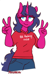 Size: 2396x3575 | Tagged: safe, artist:redxbacon, artist:threetwotwo32232, imported from derpibooru, oc, oc only, oc:fizzy pop, anthro, unicorn, clothes, colored, female, lidded eyes, mare, no pupils, peace sign, shirt, simple background, smiling, solo, t-shirt, transparent background, vulgar