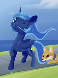 Size: 1379x1852 | Tagged: safe, artist:dusthiel, imported from derpibooru, princess luna, alicorn, dog, pony, shiba inu, atg 2019, cute, female, leash, lunabetes, mare, mouth hold, newbie artist training grounds, one eye closed, shibe