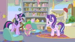 Size: 800x450 | Tagged: safe, imported from derpibooru, screencap, phyllis, spike, starlight glimmer, twilight sparkle, alicorn, dragon, a horse shoe-in, animated, gif, starlight's office, twilight sparkle (alicorn), winged spike, wings