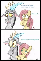 Size: 1306x1931 | Tagged: safe, artist:socksthemutt, imported from derpibooru, discord, fluttershy, draconequus, pegasus, pony, comic, cute, dialogue, discute, duo, duo male and female, female, male, shyabetes, traditional art