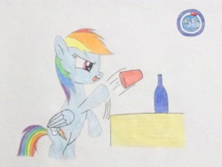 Size: 3264x2448 | Tagged: safe, artist:don2602, imported from derpibooru, rainbow dash, pegasus, pony, bottle, female, minute to win it, plastic cup, raised hoof, rearing, serious, serious face, solo, timer, tongue out, traditional art