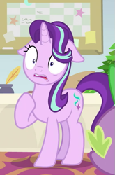 Size: 515x778 | Tagged: safe, imported from derpibooru, screencap, phyllis, spike, starlight glimmer, dragon, pony, unicorn, a horse shoe-in, cropped, cutie mark, female, floppy ears, hooves, mare, offscreen character, shocked, starlight glimmer is best facemaker, winged spike, wings