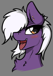 Size: 519x737 | Tagged: safe, artist:arjinmoon, imported from derpibooru, oc, oc only, oc:nighty cloud, pegasus, pony, blushing, bust, chest fluff, ear piercing, female, gray background, piercing, simple background, solo, tongue out